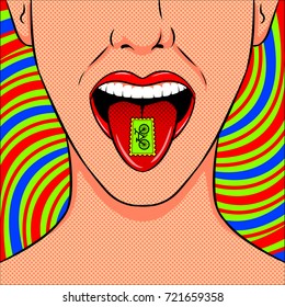 Stamp with LSD drug on tongue pop art retro vector illustration. Acid narcotic. Comic book style imitation.
