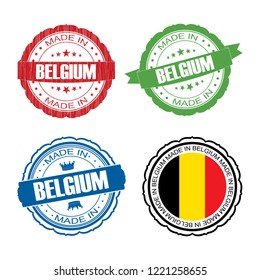 Stamp Made in Belgium label set with flag, made in Belgium, vector illustration