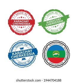 Stamp Made in Karachay Cherkessia label set with flag, made in Karachay Cherkessia .Vector