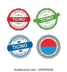 Stamp Made in Ticino label set with flag, made in Ticino .Vector