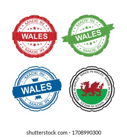 Stamp Made in Wales label set with flag, made in Wales.Vector
