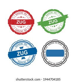 Stamp Made in Zug label set with flag, made in Zug .Vector