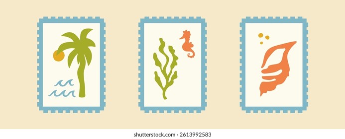 Stamp marine travel set, hand drawn curved summer ocean vacation borders, abstract wavy curly emblem with seashell algae corals sea horse water palm. Minimalist organic silhouette design postal letter