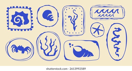 Stamp marine travel set, hand drawn curved summer ocean borders, abstract wavy curly emblem with seashells algae corals water cancer crab. Minimalist organic form silhouette design postal letter decor