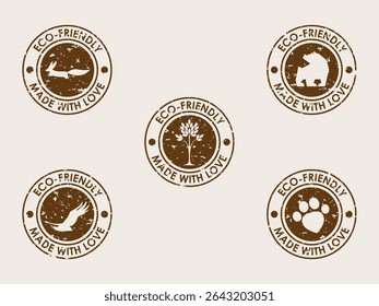 Coleção de marcas de carimbo. Etiqueta redonda para animais de estimação ou Eco Shop. Planeta do Ambiente e Tema de Cuidado Animal. Marca preta Etiqueta Logotipo Silhueta de impressão Ícone Elemento para Design Marca de negócios Símbolo
