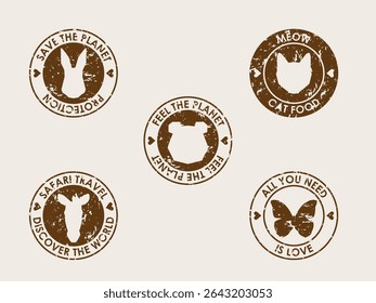 Coleção de marcas de carimbo. Etiqueta redonda para animais de estimação ou Eco Shop. Planeta do Ambiente e Tema de Cuidado Animal. Marca preta Etiqueta Logotipo Silhueta de impressão Ícone Elemento para Design Marca de negócios Símbolo