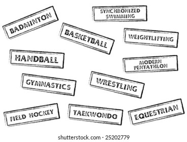 Stamp marks with sport names on it over white