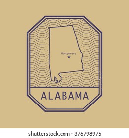 Stamp with the name and map of Alabama, United States, vector illustration