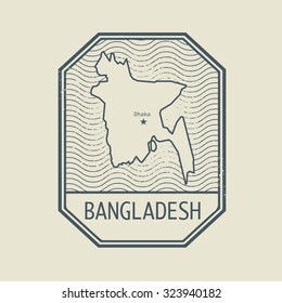 Stamp with the name and map of Bangladesh, vector illustration