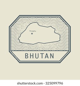 Stamp with the name and map of Bhutan, vector illustration