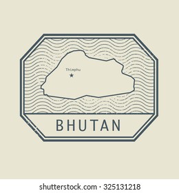 Stamp with the name and map of Bhutan, vector illustration