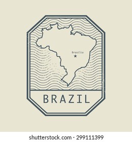 Stamp with the name and map of Brazil, vector illustration