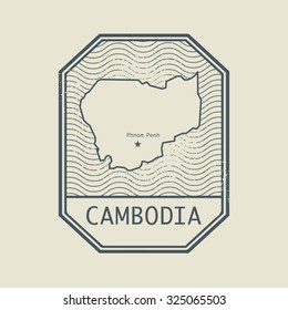 Stamp with the name and map of Cambodia, vector illustration