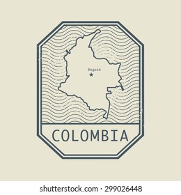 Stamp with the name and map of Colombia, vector illustration