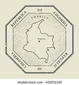 Stamp with the name and map of Colombia, vector illustration