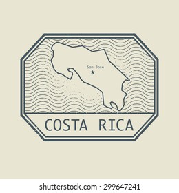 Stamp with the name and map of Costa Rica, vector illustration