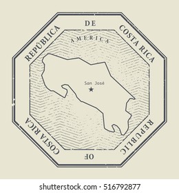 Stamp with the name and map of Costa Rica, vector illustration
