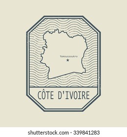 Stamp with the name and map of Cote d Ivoire, vector illustration