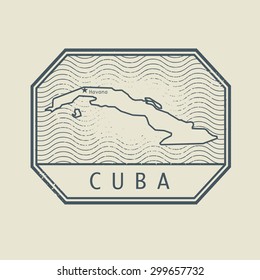 Stamp with the name and map of Cuba, vector illustration