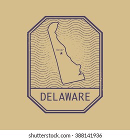 Stamp with the name and map of Delaware, United States, vector illustration