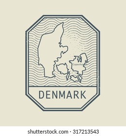 Stamp with the name and map of Denmark, vector illustration