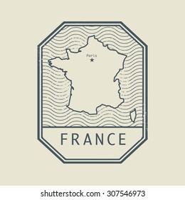 Stamp with the name and map of France, vector illustration