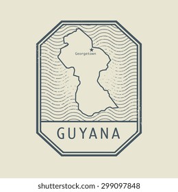 Stamp with the name and map of Guyana, vector illustration