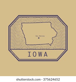 Stamp with the name and map of Iowa, United States, vector illustration