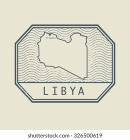Stamp with the name and map of Libya, vector illustration