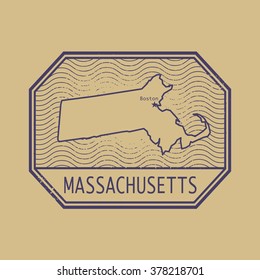 Stamp with the name and map of Massachusetts, United States, vector illustration