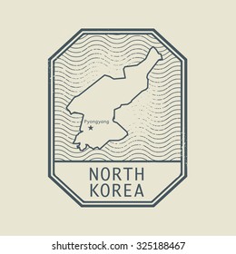Stamp with the name and map of North Korea, vector illustration