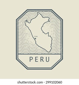 Stamp with the name and map of Peru, vector illustration