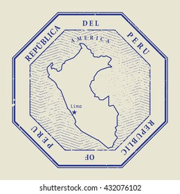 Stamp with the name and map of Peru, vector illustration