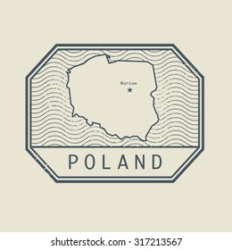 Stamp with the name and map of Poland, vector illustration
