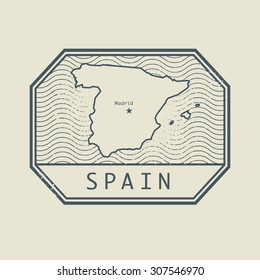 Stamp with the name and map of Spain, vector illustration