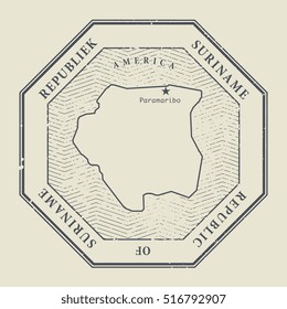 Stamp with the name and map of Suriname, vector illustration