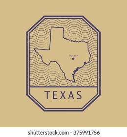 Stamp with the name and map of Texas, United States, vector illustration