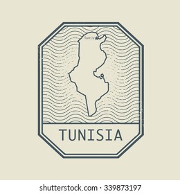 Stamp with the name and map of Tunisia, vector illustration
