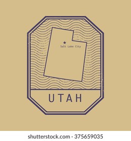 Stamp with the name and map of Utah, United States, vector illustration