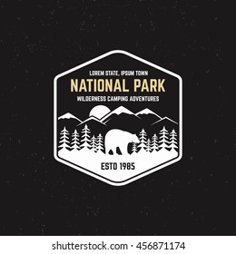 Stamp for national park, outdoor camp. Tourism hipster style patch, badge. Expedition emblem. Winter or summer campsite graphic. Campground insignia. Adventure logo for web, print t shirt, tee design.