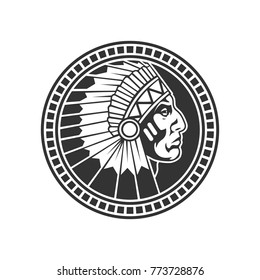 Stamp Of Native American Male Head Profile. Vector Illustration