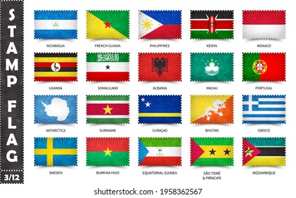 Stamp with official country flag pattern and old grunge texture and countries name . Rectangle shape . Vector . Set 3 of 12 on this series ( All national flags of the world ) .