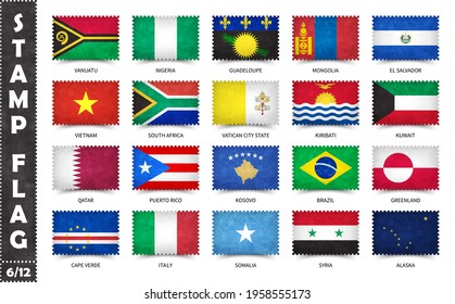 Stamp with official country flag pattern and old grunge texture and countries name . Rectangle shape . Vector . Set 6 of 12 on this series ( All national flags of the world ) .