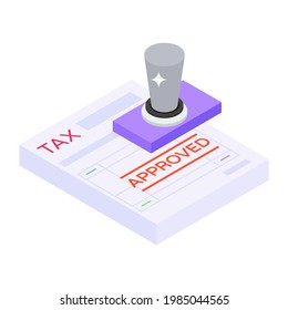 Stamp On Financial Ledger Sheet, Isometric Icon Of Tax Approved