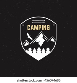 Stamp For Outdoor Camp. Tourism Hipster Style Patch And Badge. Expedition Emblem. Winter Or Summer Campsite Graphic. Campground Insignia. Camping Adventure Logo For Web, Print T Shirt, Tee Design.