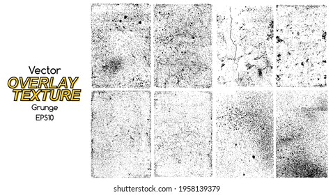 Stamp overlay collection for backdrop. Urban grunge background. Dust Distress grain overlay on your design for a rough effect. Different paint textures with drop ink splashes. Vector overlay textures