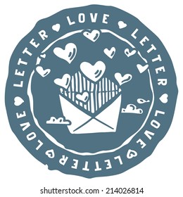 Stamp overprint with unsealed letter full of flying bubble hearts above clouds. Vector graphics. T-shirt design template.