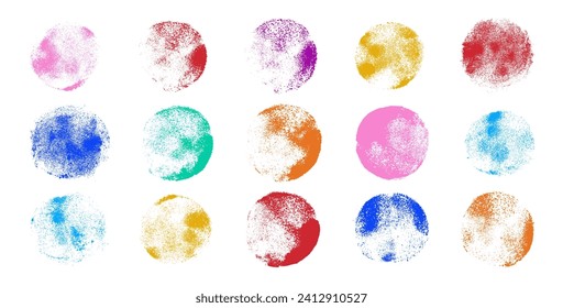Stamp painted vector color circles. Grunge texture round shape backgrounds. Playful naive creative abstract geometric grunge spots. Textured red, blue, yellow, pink and green hand made circle set