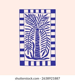 Stamp with palm, hand drawn summer doodle print. Beach, marine and Mediterranean vibes. Retro postcard-style clipart in coastal, naive, minimal design. Perfect for travel, fashion, and decor.