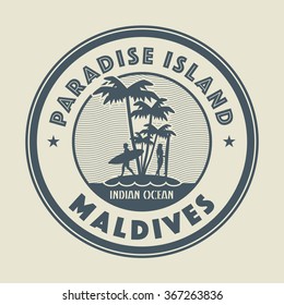 Stamp with the palm, island and words Paradise Island, Maldives, written inside, vector illustration